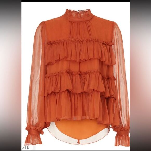 Adam Lippes Orange Cuffed Sleeve Blouse with Mandarin Collar, US0 - Picture 5 of 16